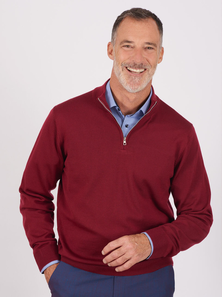 Men's Burgundy Red Merino Zip-Neck Sweater
