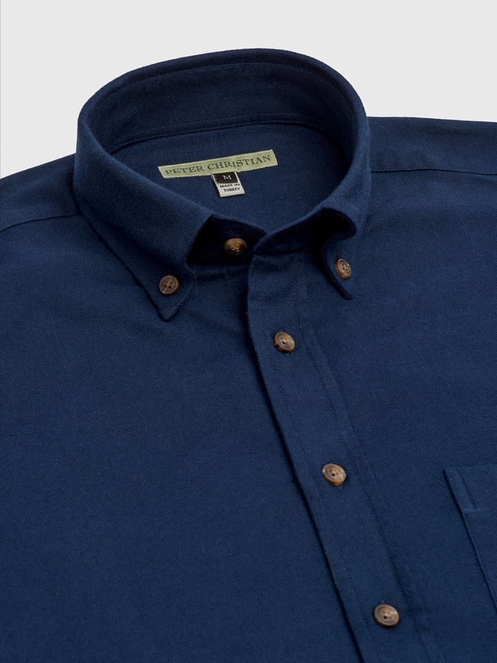 Men's Blue Brushed Cotton Shirt Button Down Collar