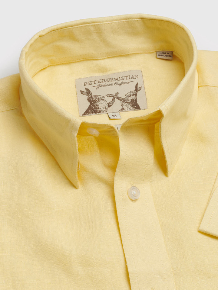 Men's Lemon Yellow 100% Linen Long Sleeve Shirt Collar