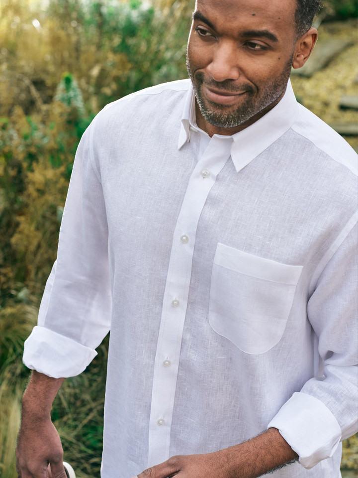 White 100% Linen Long Sleeve Shirt On Model