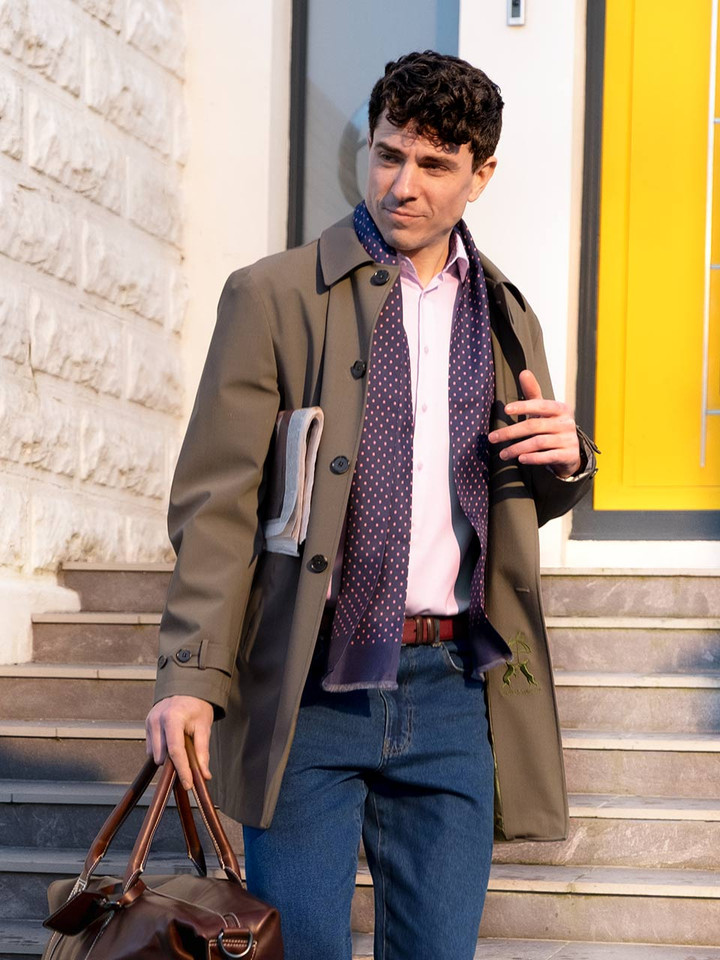 Men's Sand Luxury Wool Blend Mac Coat On Model