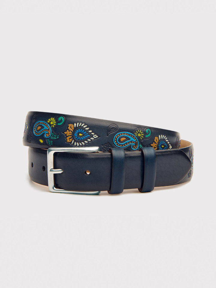 Navy Paisley Hand Painted Leather Belt