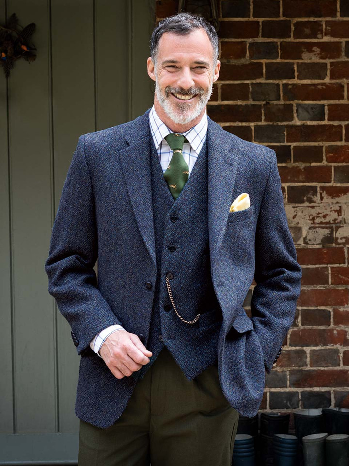 Blue Harris Tweed® 2 Piece Jacket & Vest On Model