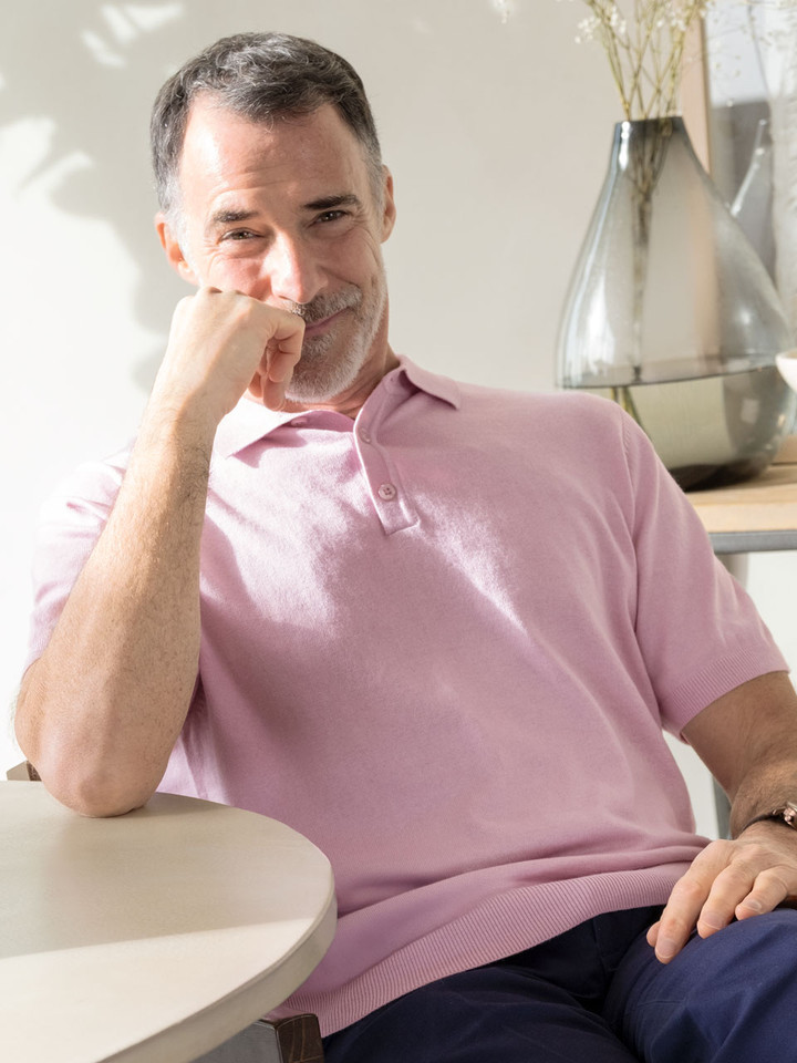 Men's Pink Fine Knit Cotton Polo Shirt Model