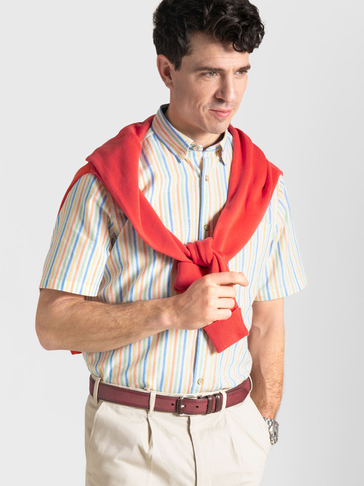 Men's Striped Short Sleeve Linen and Cotton Shirt Model