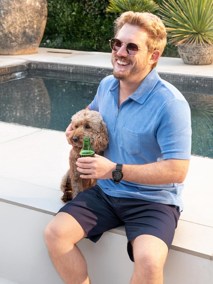 Men's Blue Zip Neck Cotton Towelling Polo Shirt