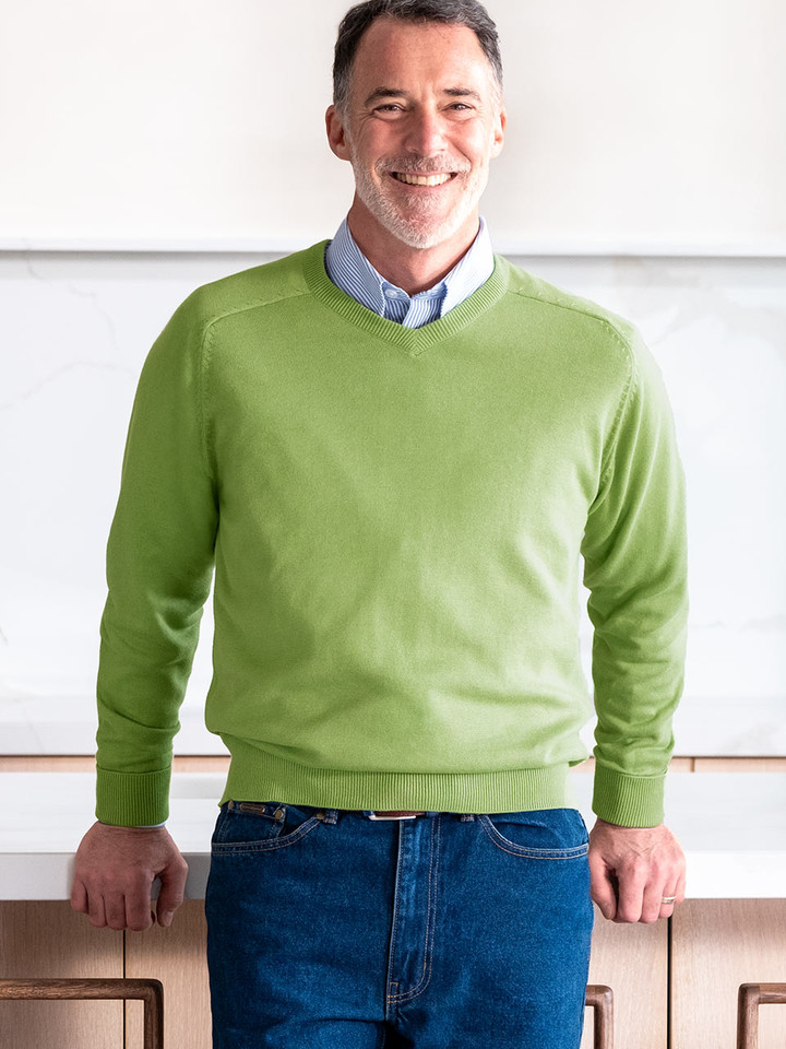 Men's Green Cotton V Neck Jumper On Model