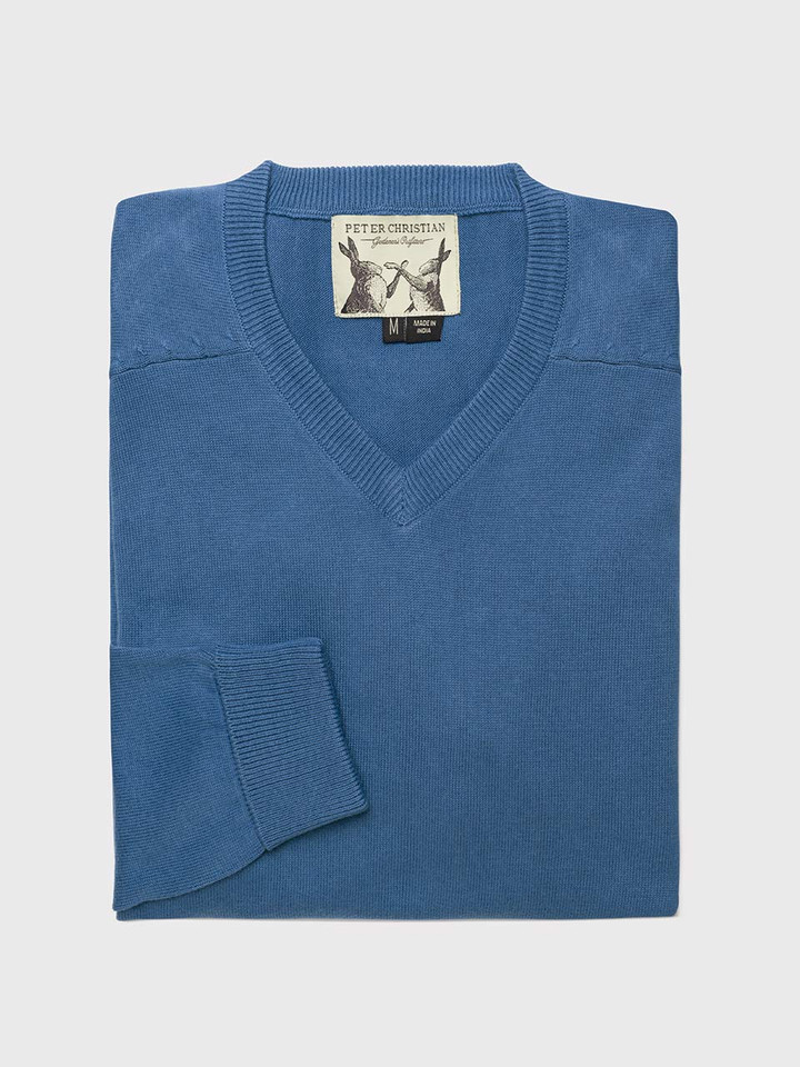 Men's Blue Cotton V Neck Jumper Folded
