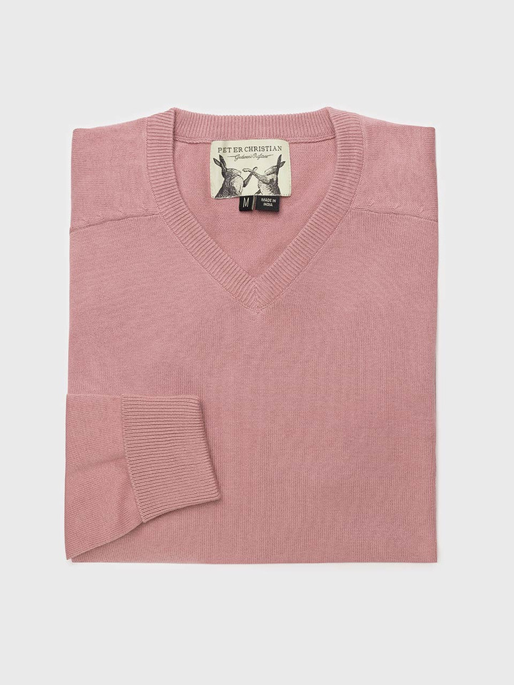 Men's Pink Cotton V Neck Jumper Folded