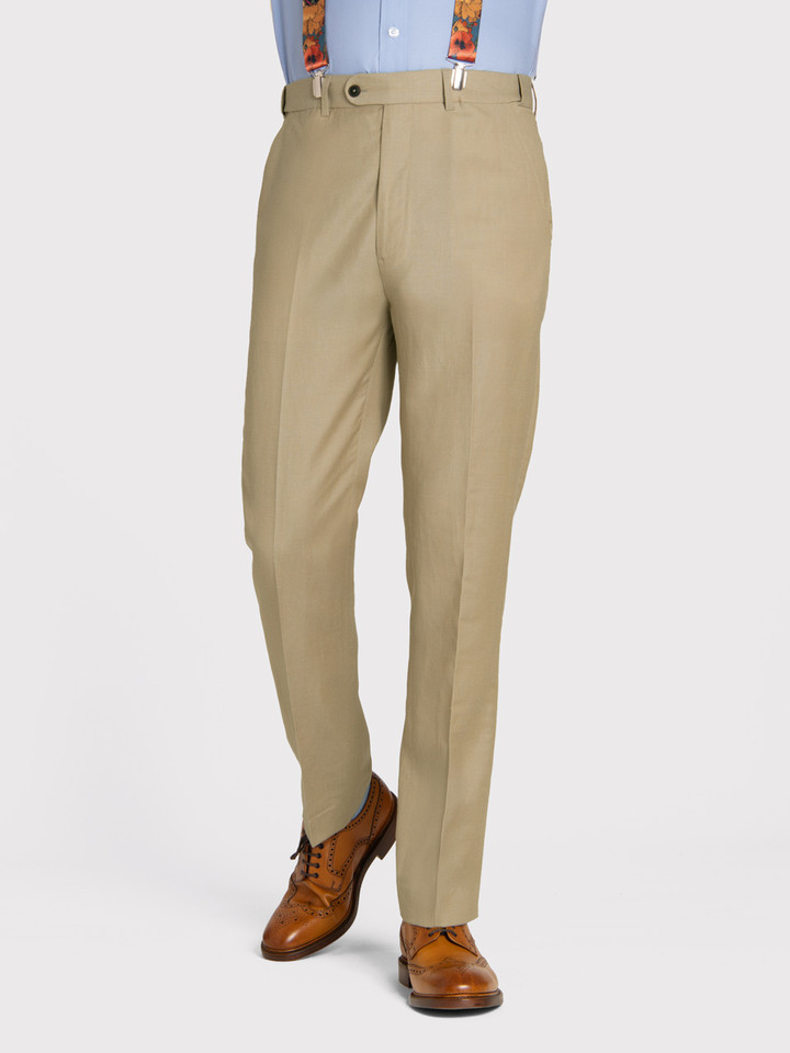 Mens Linen and Wool Trouser in Sand On Model