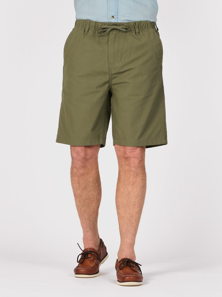 Mens Green Drawstring Cotton Ripstop Shorts On Model