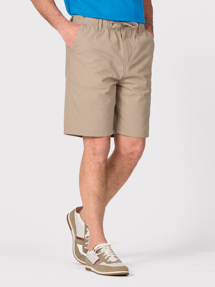 Mens Sand Drawstring Cotton Ripstop Shorts On Model