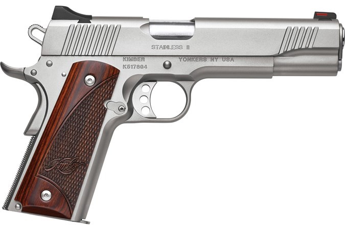 Kimber Mfg, Inc 3200328 Stainless II Full Size Frame 45 ACP 7+1 5″ Stainless Match Grade Barrel, Satin Silver Serrated Stainless Steel Slide & Frame w/Beavertail, Rosewood Grip