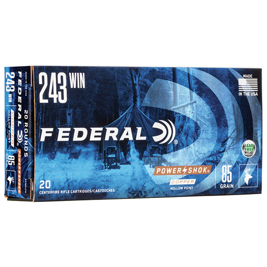 Federal Power-Shok, .243 Win, 85 Grain, Copper HP, 20 Rds, Brass - 604544617344