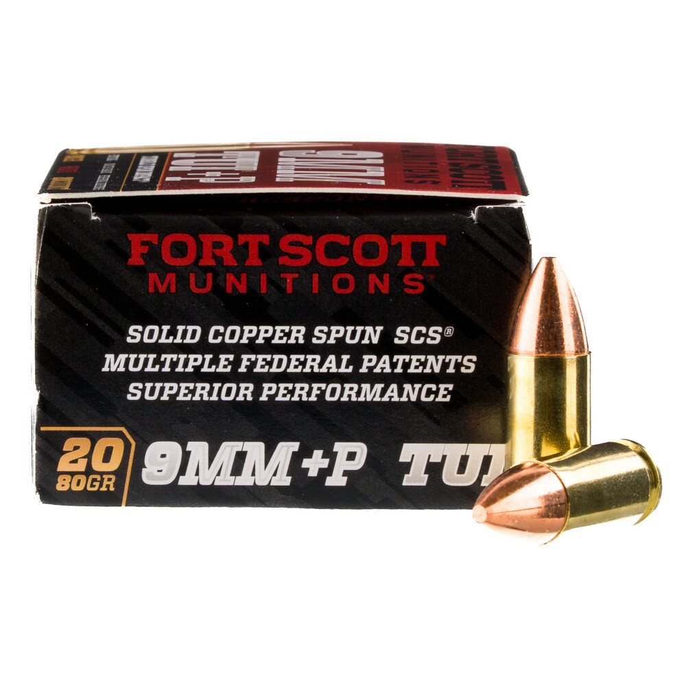 Fort Scott Munitions 9mm +P, 80gr TUI, Solid Copper Spun, 20 Rds, Brass Finish - 758381722249