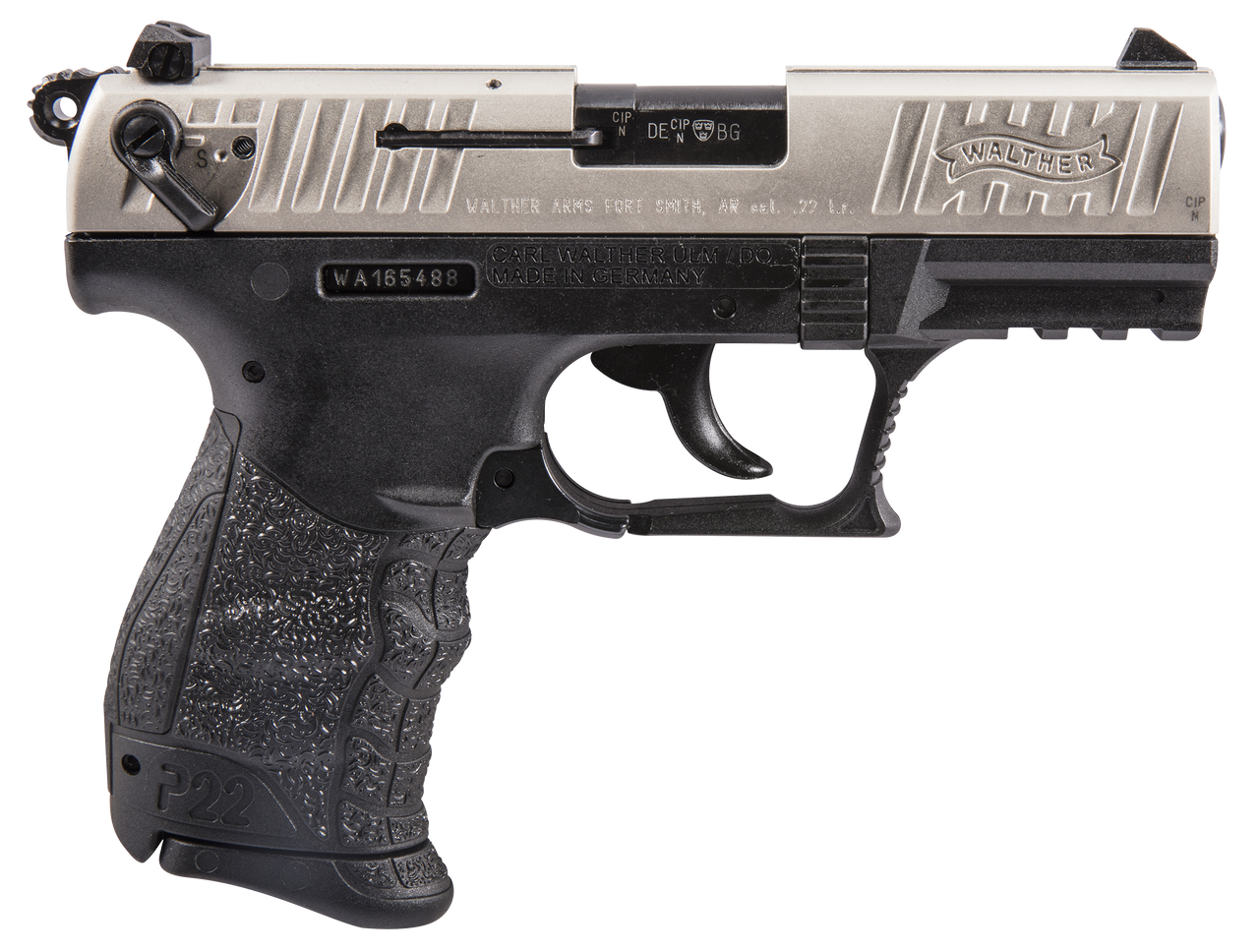 Walther Arms P22, 22 LR, 3.42" Barrel, 10+1 Rds, Nickel Serrated/Steel Slide, Black Polymer Frame - 723364200342