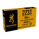 Browning 223 Remington, .223 Remington, 20 Rds, 55gr Full Metal Jacket Training & Practice Ammunition, Brass Case, Black, Gold 