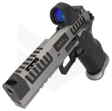Jacob Grey Nox 9 Gentleman Series w/ Trijicon SRO 2.5 MOA Green Dot, 9MM, 5.00" Barrel, 18 RDs, V6 Ported & Compensated, 2.5 lb CRT Trigger, Tuxedo Silver / Black 