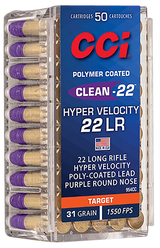 CCI Clean-22 Hyper Velocity, 22LR, 31 Grain, Purple Polymer Coated, 50 Rounds - 604544688870 