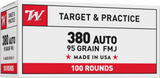 Winchester USA380VP, 380 ACP, 95gr FMJ FN, 100 Rounds - 020892214873 