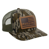 Leupold Leather Flag Trucker Hat, Mossy Oak Bottomland Camo/Green, Semi-Structured Snapback - 030317014377 