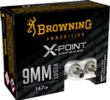 Browning X-Point Defense, 9MM, 147 Grain JHP, 20/Box - 020892229952 