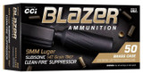 CCI Blazer Brass Clean-Fire Suppressor, 9MM Luger 147 Grain TMJ Subsonic Ammunition, Brass Case, 50 Rds - 604544707656 