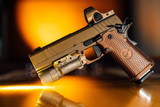 Nighthawk Custom Sandhawk Comp w/ Trijicon SRO 2.5 MOA Red Dot, 9MM, 5.00" Compensated Barrel, 17 RDs, Bronze/FDE - 144506512084 