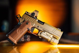 Nighthawk Custom Sandhawk Comp w/ Trijicon SRO 2.5 MOA Red Dot, 9MM, 5.00" Compensated Barrel, 17 RDs, Bronze/FDE - 144506512084 
