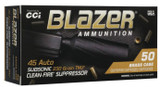 CCI Blazer Clean-Fire Suppressor, .45 ACP 230 Grain TMJ, Subsonic, 50 RDs, Brass Case - 604544707861 