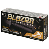 CCI Blazer Clean-Fire Suppressor, .45 ACP 230 Grain TMJ, Subsonic, 50 RDs, Brass Case 