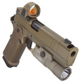 Nighthawk Custom Sandhawk Comp w/ Trijicon SRO & SureFire X300 Turbo, 9MM, 5.00" Compensated Barrel, 17 RDs, Aggressive Grip, Tan Cerakote 