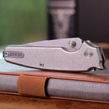 Ocaso Regis, Stonewashed Titanium Handle, Stonewashed Blade, Satin Hardware 