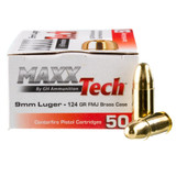 MaxxTech Brass Pistol Ammunition, 9MM, 124 GR FMJ, 50 RDs, Brass Case 