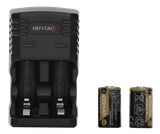 Infitac BC01, Li-ion Battery Charger Kit w/ Two Rechargeable CR2 Batteries, Black 