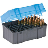 Plano 1230-50 Rifle Cartridge Case, 50 Round Capacity, Semi-Transparent Flip Top Lid, Gray/Blue 