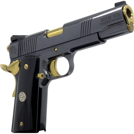Dickinson Adam 1911 Acoustic, Shiny Black, .45 ACP, 5.00" Barrel, 8 Rds, Black And Gold 