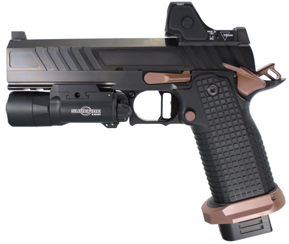 Race City Defense RC9 Government w/ Trijicon RMR HD 1 MOA & SureFire X300T-B Turbo, 9MM, 5.00" Ported Barrel, 20 RDs, Black DLC w/ Brushed Flats & Rose Gold Parts 