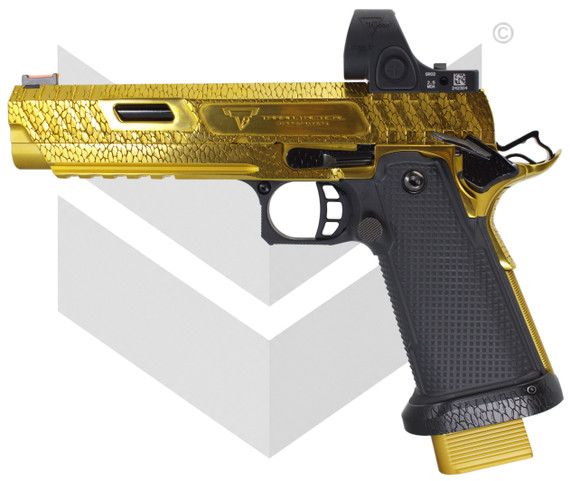 Tee Gun Vault Taran Tactical Innovations JW3 Combat Master Optic Ready 2011 w/ Trijicon SRO 2.50 MOA, 9MM, 5.40" Ported Bull Barrel, 20 RDs, RMR Optic Cut, LiteSpeed FCG, Combat Master Slide Cuts, TTI Phantom Grip, Gold 