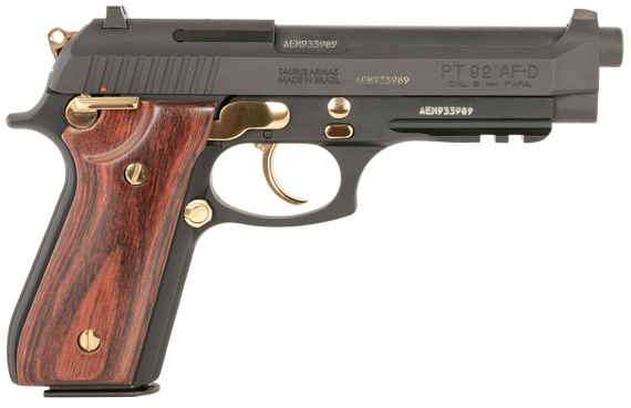 Taurus PT 92 AF-D, 9MM, 5.00" Barrel, 17+1 Rds, Matte Black w/Gold Accents - 725327942566 