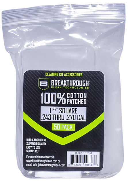 Breakthrough Clean BTCPS11250 Square Patches, 243/270 Cal, 1.5" Square, 50 Pack - 854325008186 