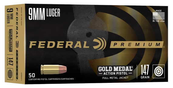 Federal Gold Medal, 9MM, 147 Gr, Premium Brass Case, 50 Rds