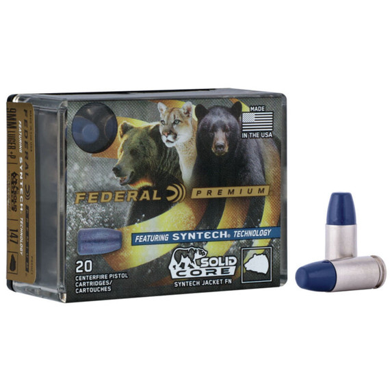Federal Premium Solid Core, 9mm, 147 Grain, 20 RDs, +P Synthetic Flat Nose Ammunition - 604544658132 
