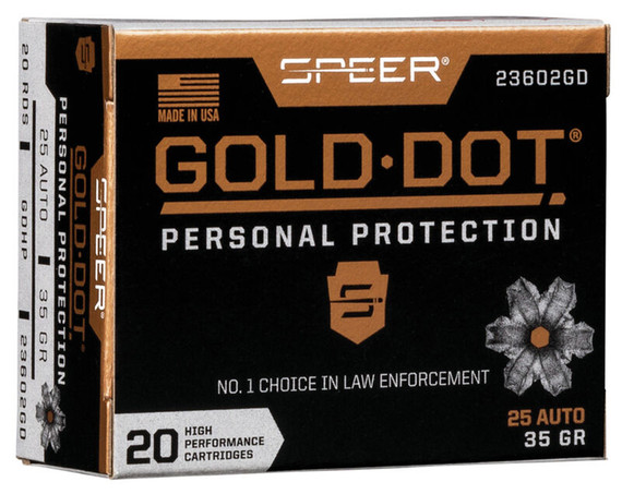 Speer Gold Dot 25 ACP, 35 Gr, GDHP, 20 Rds - 604544647174 
