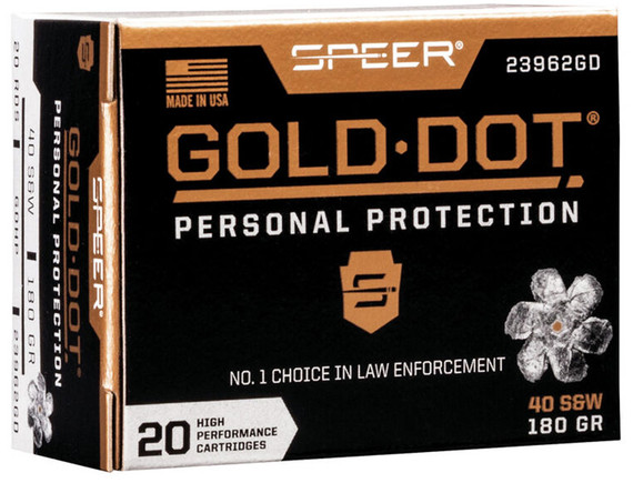 Speer Gold Dot, 40 S&W, 180 Gr, Gold Dot Hollow Point, 20 Rds - 604544647266 