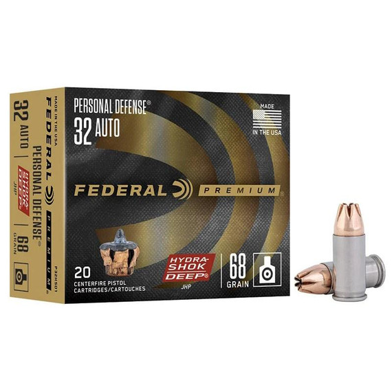 Federal Premium Hydra-Shok Deep, 32 ACP, 68 Grain, Jacketed Hollow Point, 20 Rds - 604544678024 