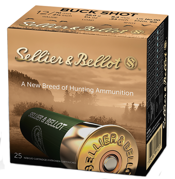 Sellier & Bellot SB12BSC Hunting, 12 Gauge, 2.75" Length, 12 Pellets, 00 Buck Shot - 754908532988 