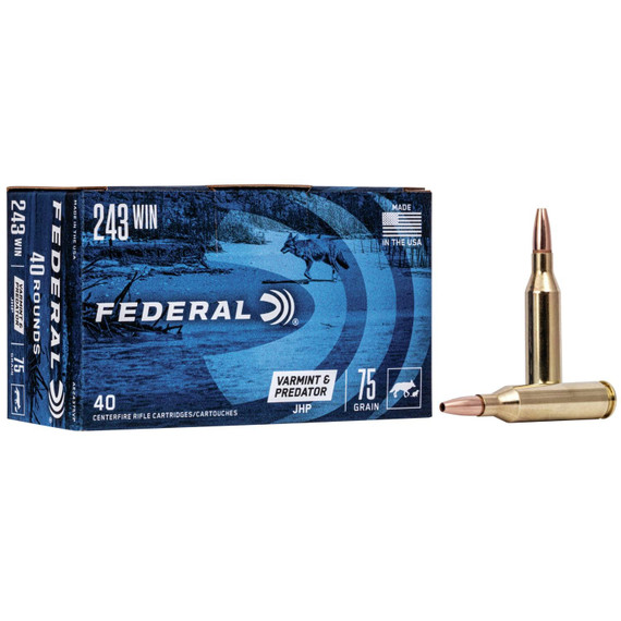 Federal American Eagle Varmint & Predator, .243 Win, 75 gr JHP, 40 Rds, Brass - 604544617658 