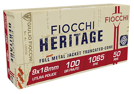 Fiocchi Heritage, 9x18mm Ultra, 100 Grain, Full Metal Jacket Truncated Cone, 50Rds, Brass - 762344033822 
