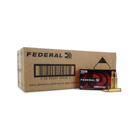 Federal American Eagle Rifle Ammunition, .223 Rem, 62 gr FMJ, 3020 fps, 500 Rds - 50029465093483 